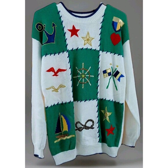 Vintage 90s Christina Nautical Patchwork Knit Sweater Sailboat Anchor M Y2K Prep - Picture 1 of 7